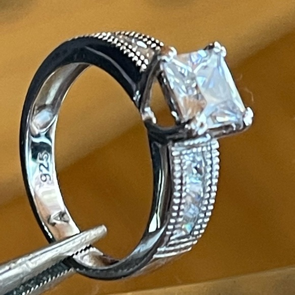 Signed 925 Sterling Square Prong Set and Pave Set CZ Ring Size 7 - Picture 1 of 16